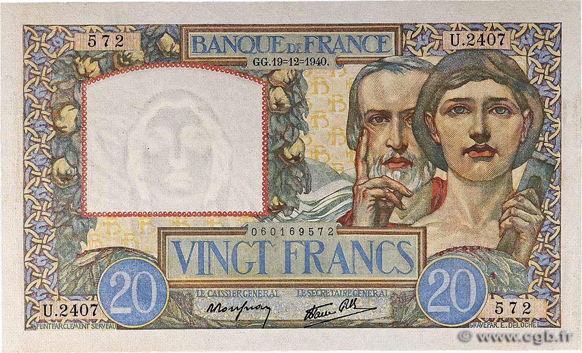 20 Francs TRAVAIL ET SCIENCE FRANCE 1940 F.12.11 XF+
