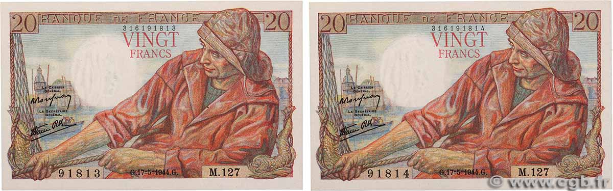 20 Francs PÊCHEUR Consécutifs FRANCE 1944 F.13.09 UNC