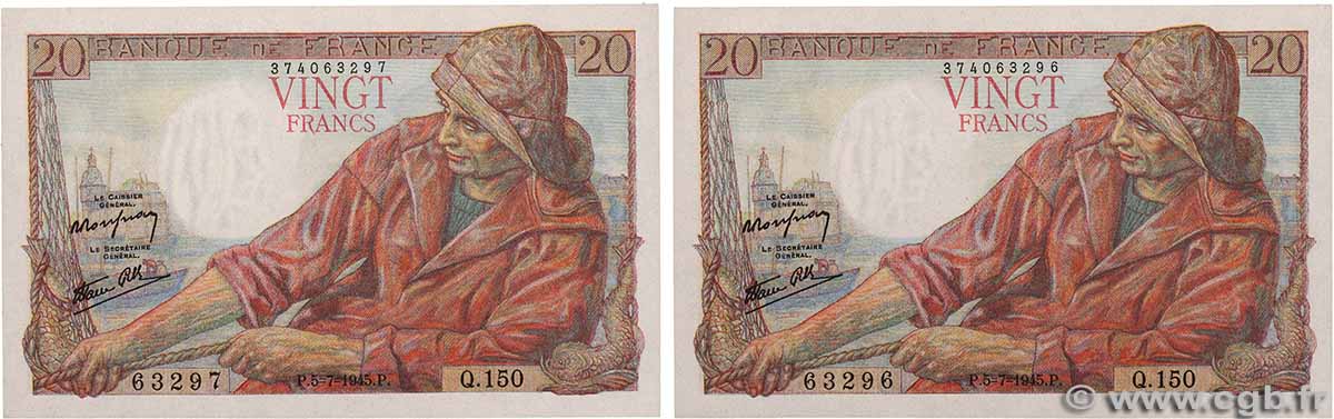 20 Francs PÊCHEUR Consécutifs FRANCE 1945 F.13.10 UNC