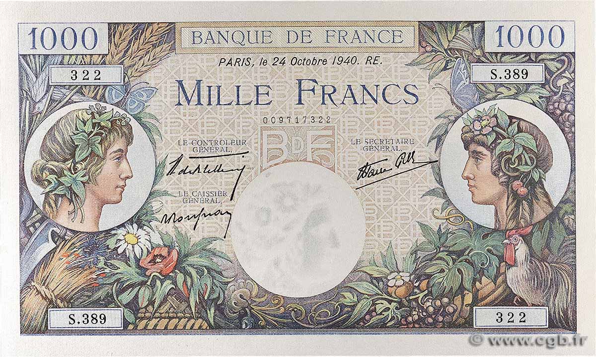 1000 Francs COMMERCE ET INDUSTRIE FRANCE 1940 F.39.01 UNC-