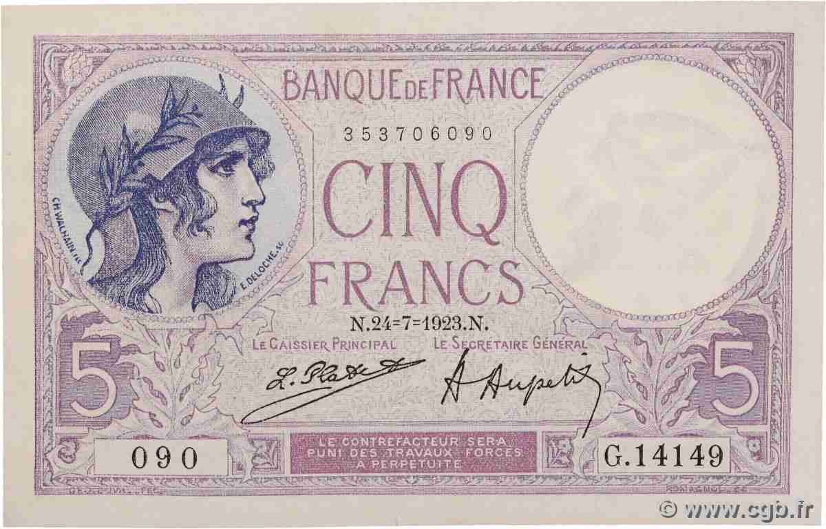 5 Francs FEMME CASQUÉE FRANCE 1923 F.03.07 UNC-