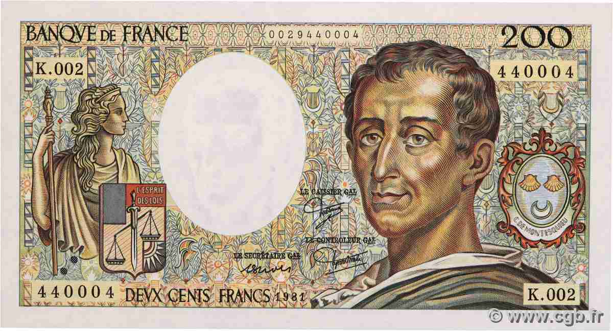 200 Francs MONTESQUIEU Numéro spécial FRANCE 1981 F.70.01 UNC