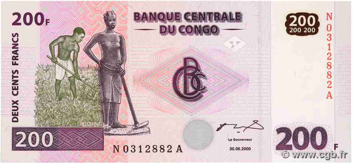 200 Francs RÉPUBLIQUE DÉMOCRATIQUE DU CONGO 2000 P.095a NEUF