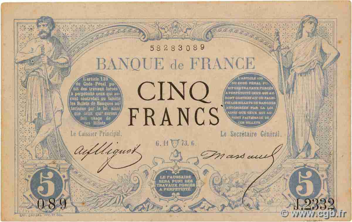 5 Francs NOIR FRANCE 1873 F.01.17 VF+