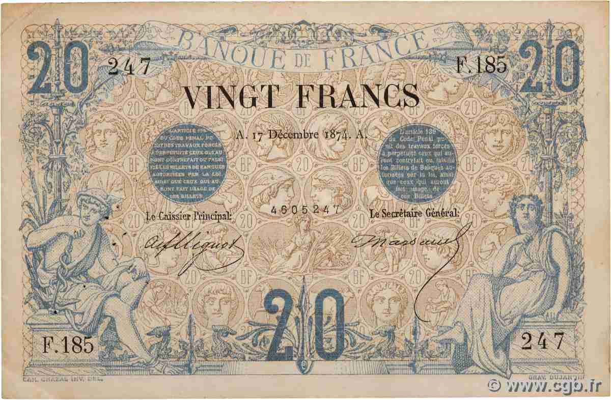 20 Francs NOIR FRANCE 1874 F.09.01 VF-