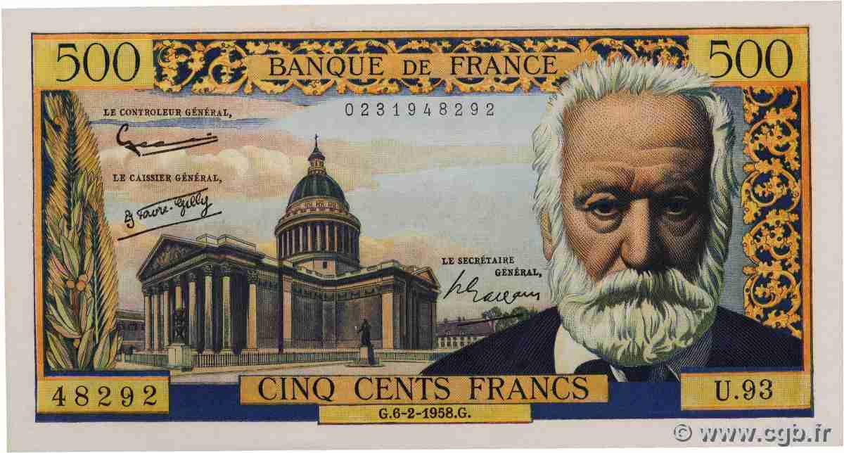 500 Francs VICTOR HUGO FRANCE 1958 F.35.08 AU+
