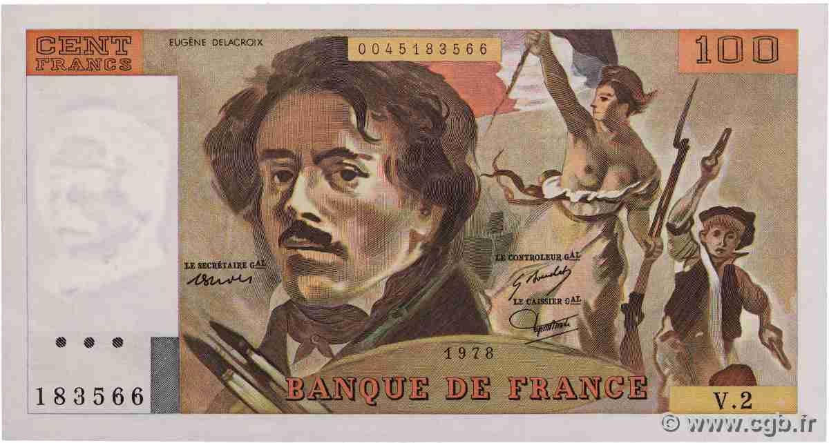 100 Francs DELACROIX FRANCE 1978 F.68.02 XF+
