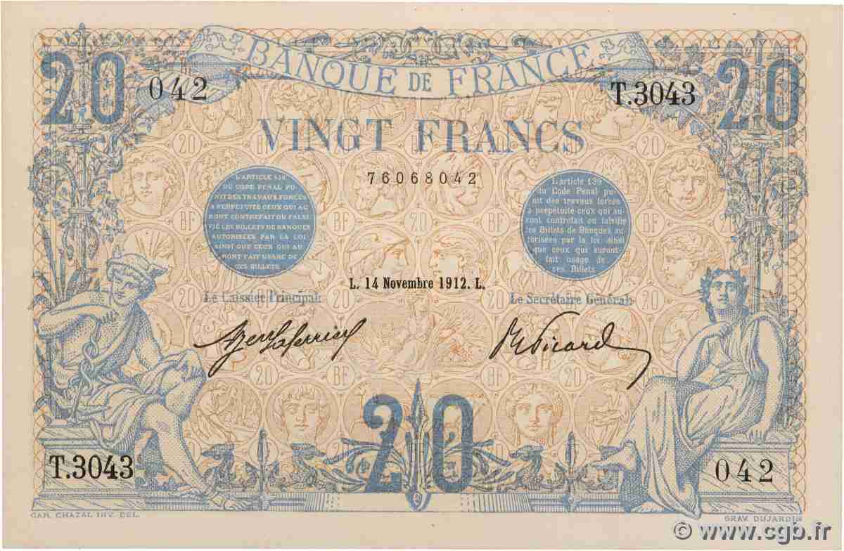 20 Francs BLEU FRANCE 1912 F.10.02 VF+