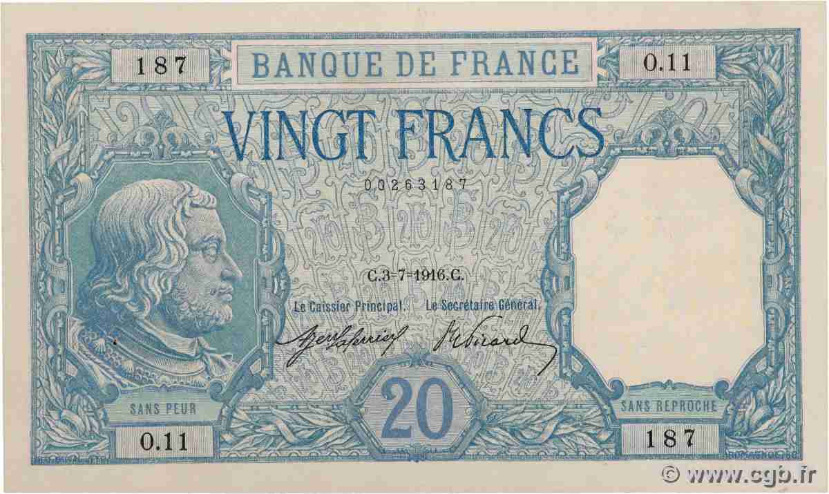 20 Francs BAYARD FRANCE 1916 F.11.01 XF+