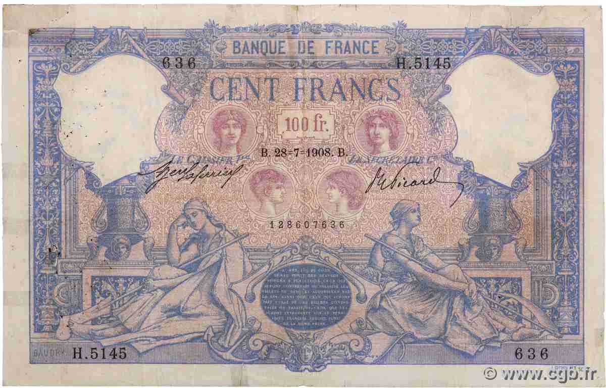 100 Francs BLEU ET ROSE FRANCE 1908 F.21.23 VG