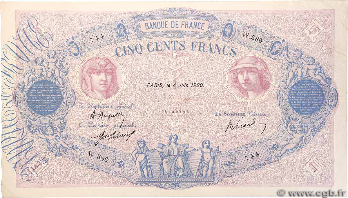 500 Francs BLEU ET ROSE FRANCE 1920 F.30.24 VF
