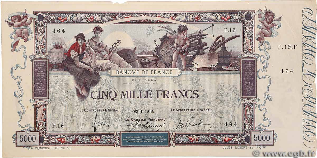 5000 Francs FLAMENG FRANCE 1918 F.43.01 VF-
