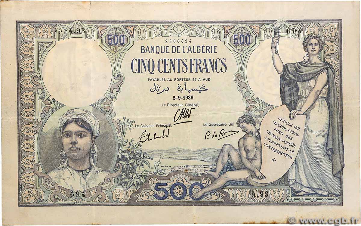 500 Francs ALGERIA 1939 P.082 VF-