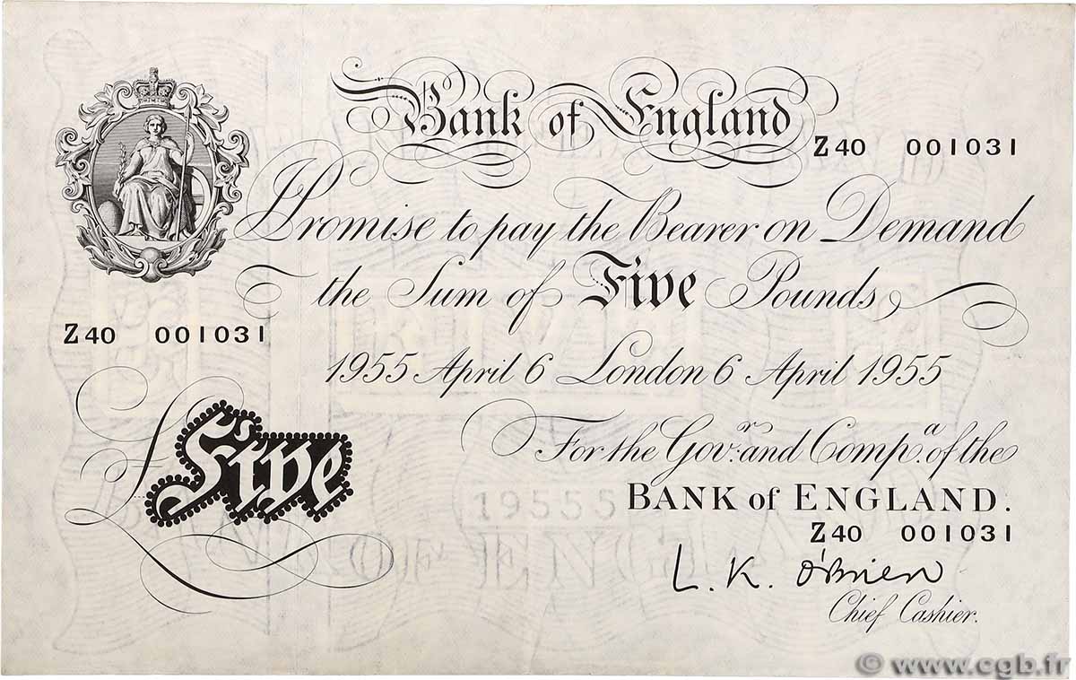 5 Pounds ENGLAND 1955 P.345 XF-