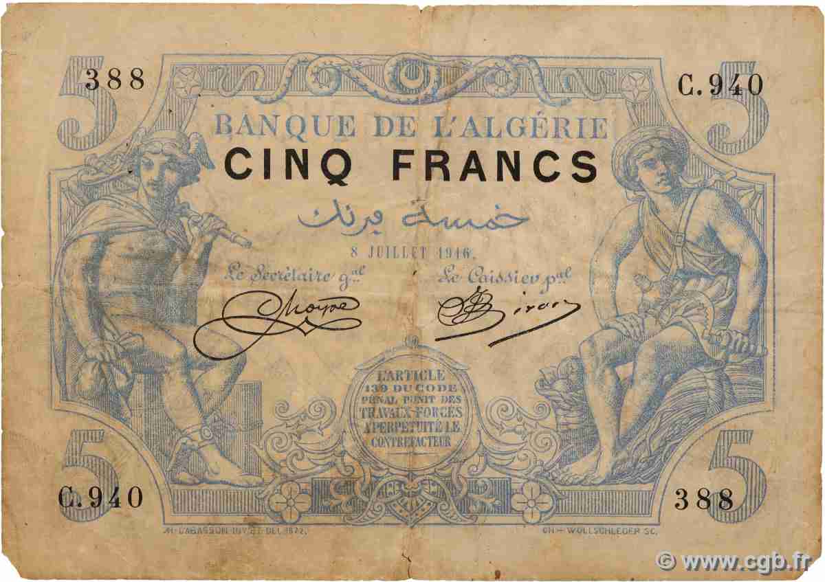 5 Francs ALGERIA 1916 P.071a MB