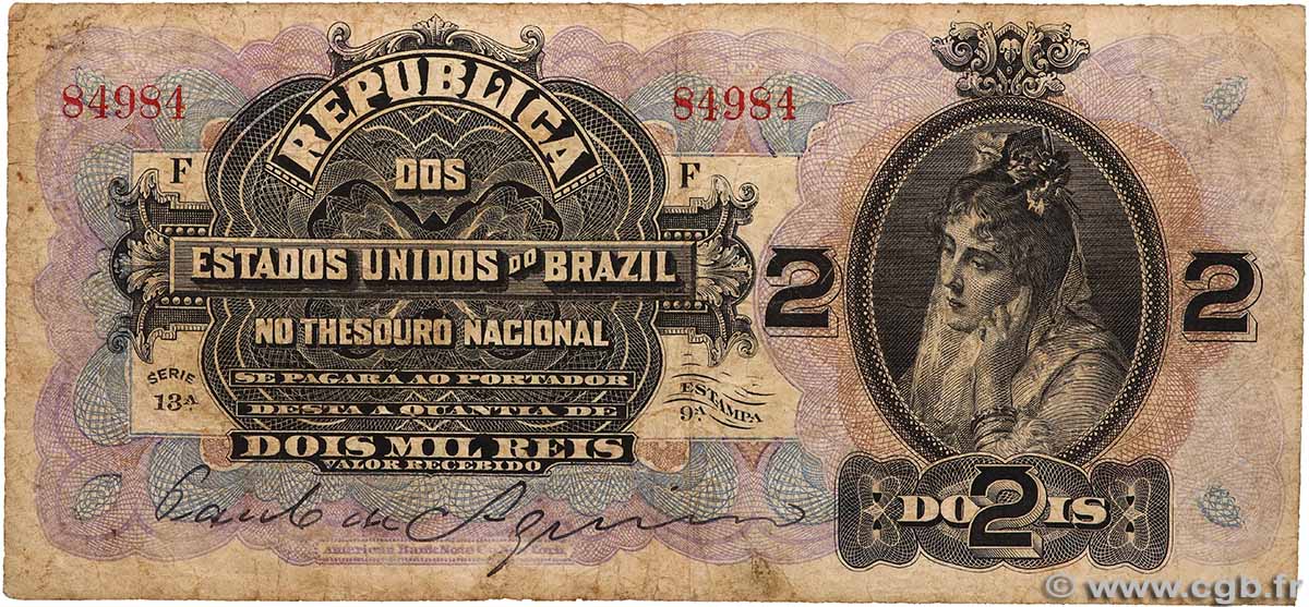 2 Mil Reis Numéro spécial BRASILIEN 1900 P.011a fS