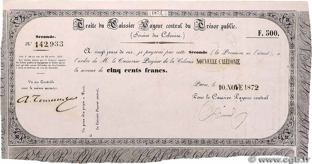 500 Francs NOUVELLE CALÉDONIE 1872 NC.72.500 SUP+