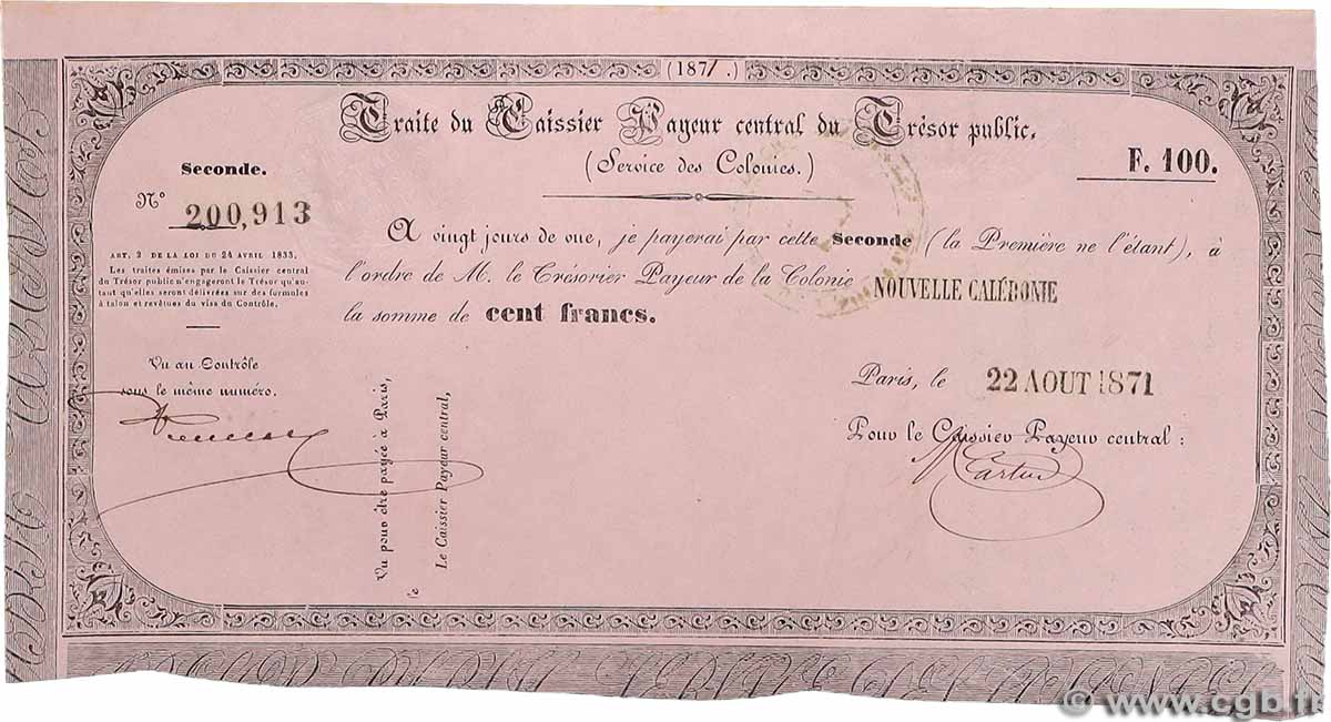 100 Francs NOUVELLE CALÉDONIE 1871 NC.71.100 SPL+
