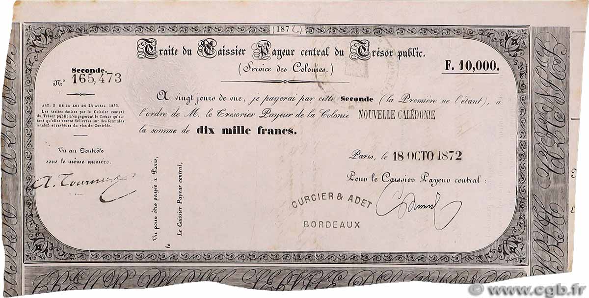10000 Francs NOUVELLE CALÉDONIE 1872 NC.72.10000 SUP