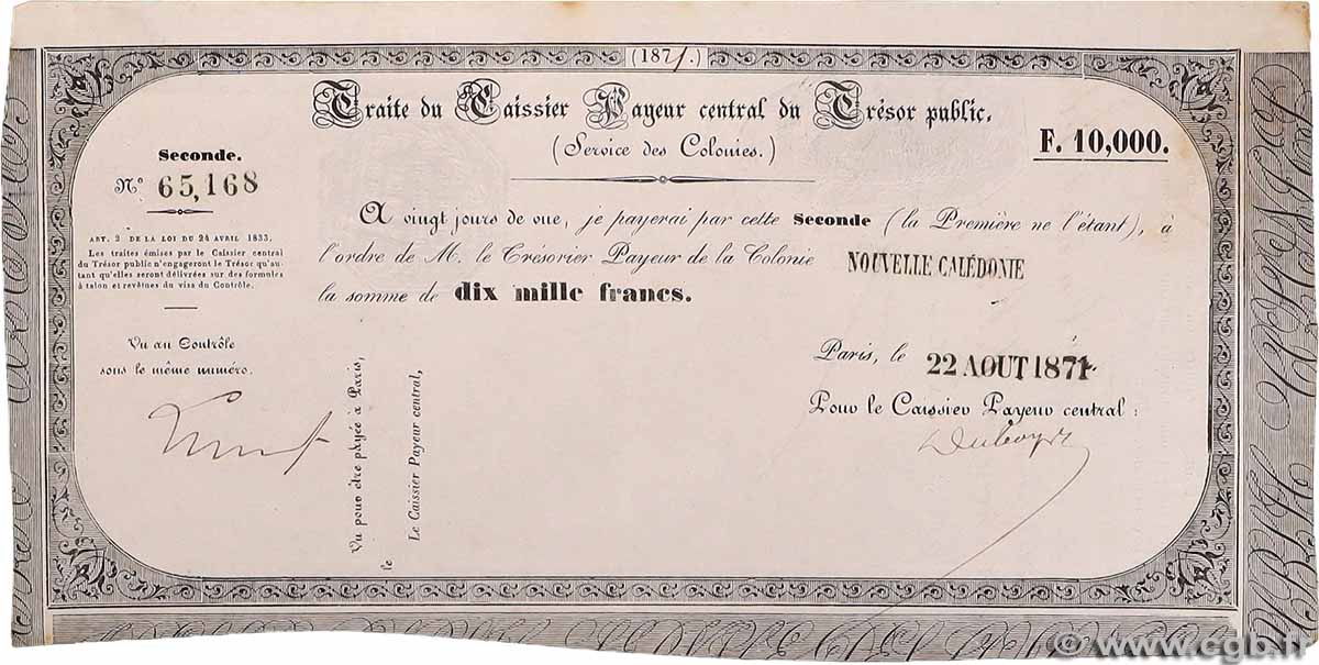 10000 Francs NOUVELLE CALÉDONIE 1871 NC.71.10000 XF