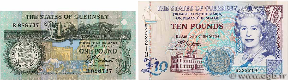 1 et 10 Pounds Lot GUERNSEY 1991 P.52b et P.57a FDC