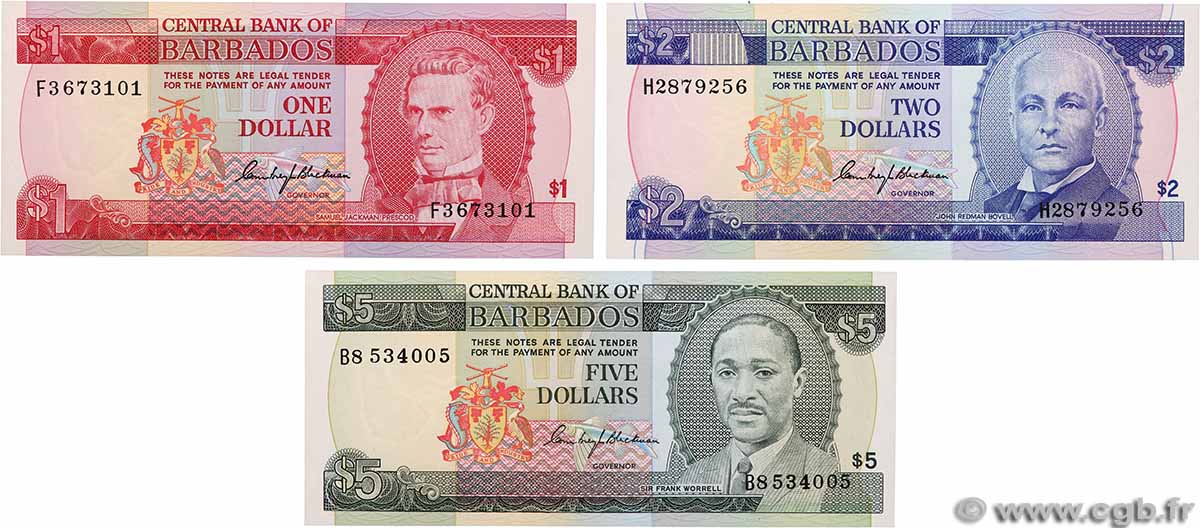 1, 2 et 5 Dollars Lot BARBADOS 1973 P.29a, P.30a et P.32a FDC