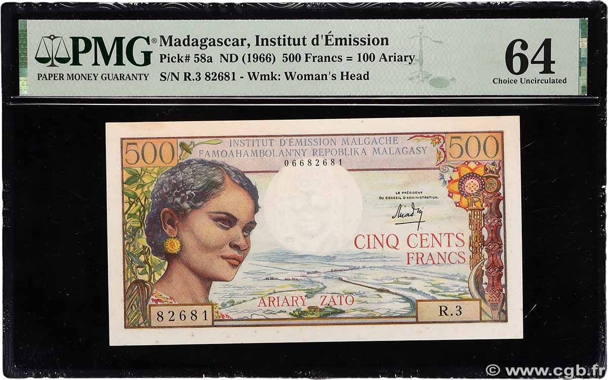 500 Francs - 100 Ariary MADAGASCAR 1966 P.058a pr.NEUF