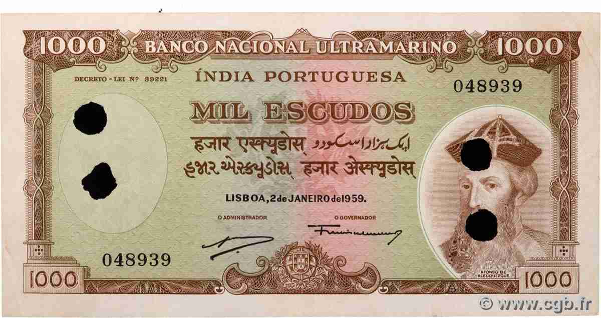 1000 Escudos Annulé INDE PORTUGAISE 1959 P.046 TTB+