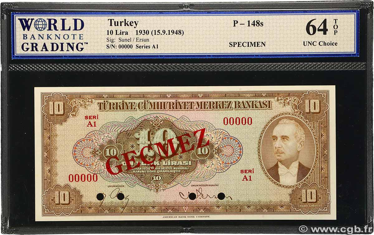 10 Lira Spécimen TURQUIE 1948 P.148s pr.NEUF