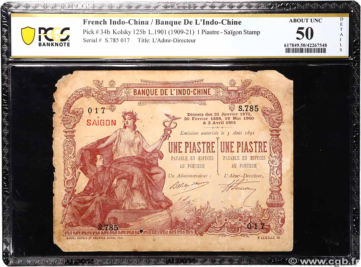 1 Piastre - 1 Piastre FRENCH INDOCHINA Saïgon 1909 P.034b XF