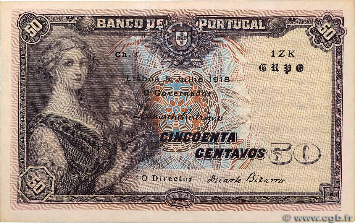 50 Centavos PORTUGAL 1918 P.112b AU