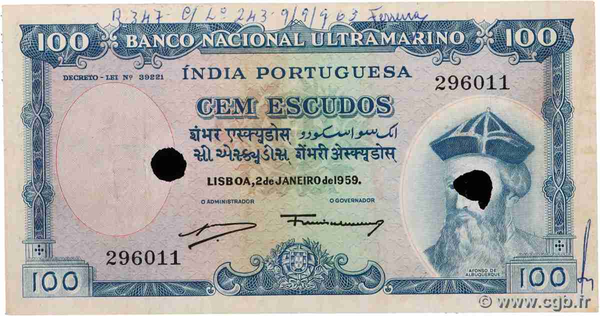 100 Escudos Annulé INDE PORTUGAISE 1959 P.043 TTB