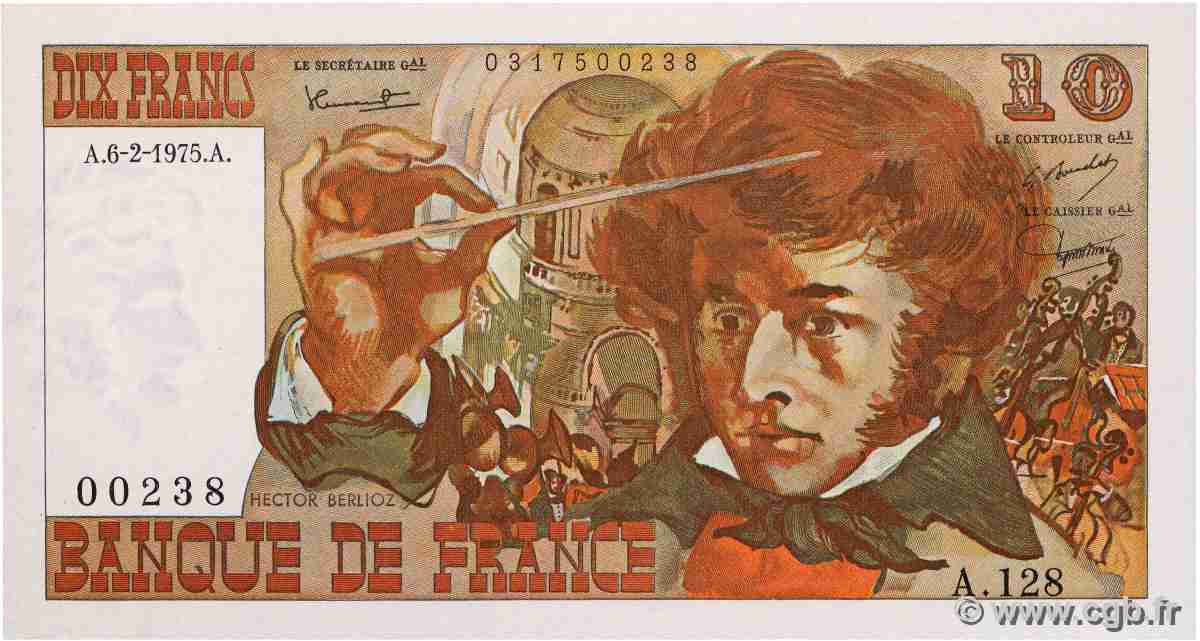 10 Francs BERLIOZ Petit numéro FRANCE 1975 F.63.08A128 UNC-