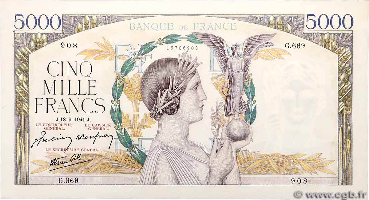 5000 Francs VICTOIRE Impression à plat FRANKREICH 1941 F.46.26 VZ+