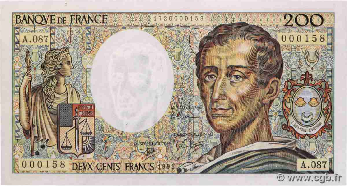 200 Francs MONTESQUIEU Petit numéro FRANCE 1991 F.70.11A87 UNC-