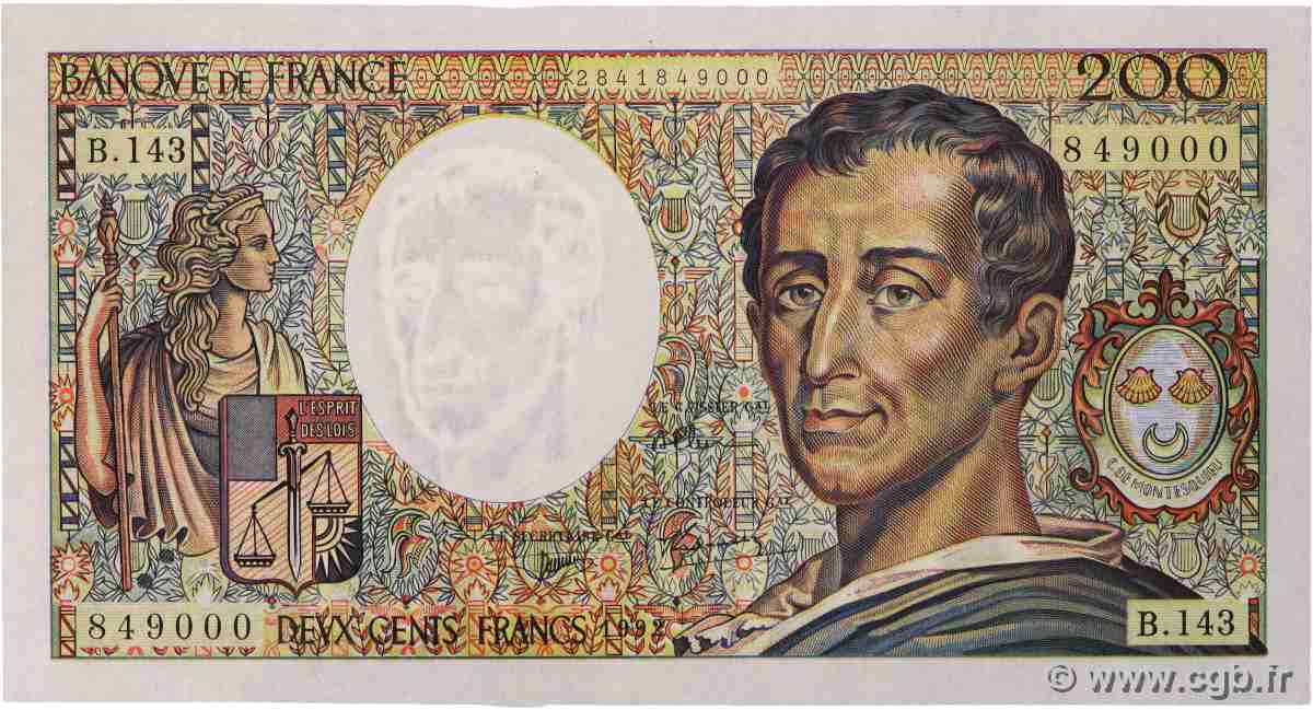 200 Francs MONTESQUIEU FRANKREICH 1992 F.70.12c fST+