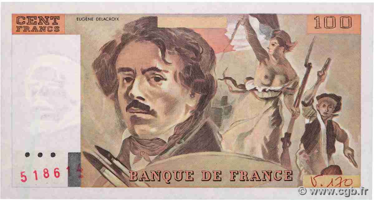 100 Francs DELACROIX imprimé en continu Fauté FRANCE 1991 F.69bis.03a1a UNC-