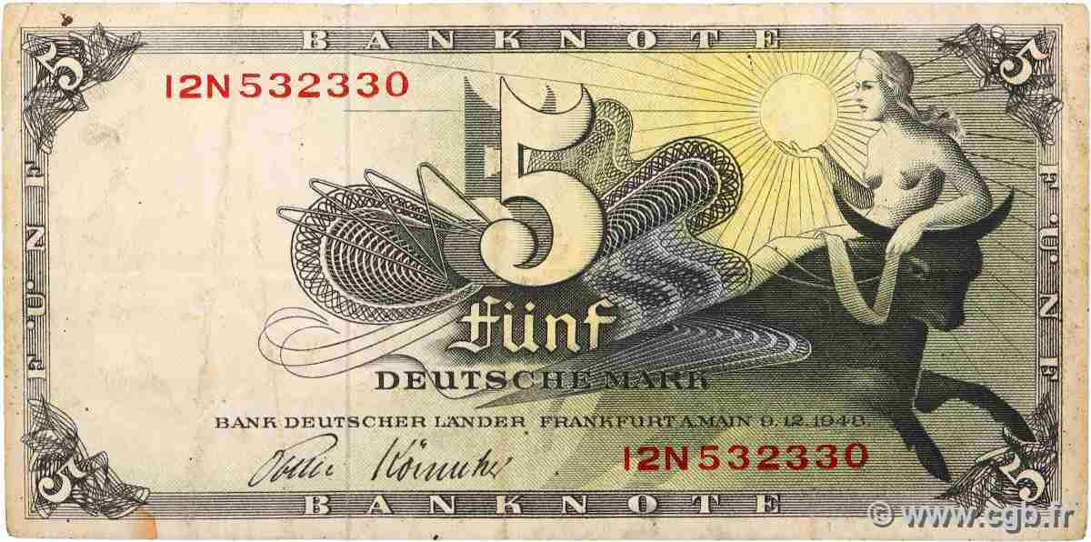 5 Deutsche Mark GERMAN FEDERAL REPUBLIC 1948 P.13i fSS