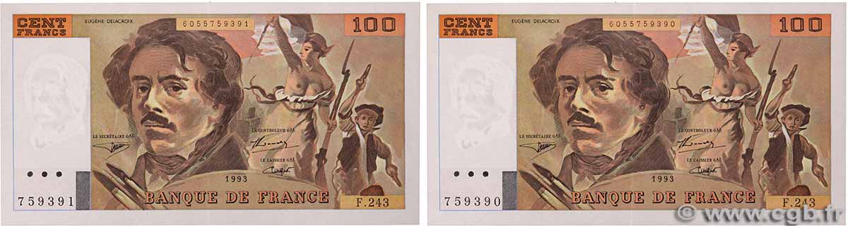 100 Francs DELACROIX imprimé en continu Consécutifs FRANKREICH 1993 F.69bis.08 fST