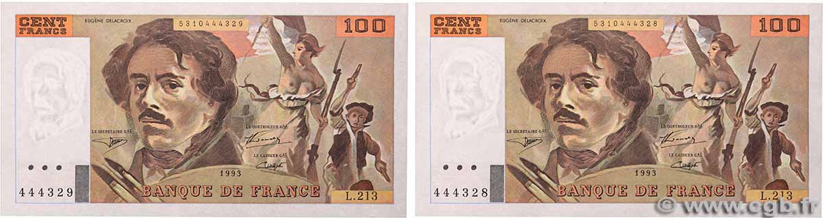 100 Francs DELACROIX imprimé en continu Consécutifs FRANKREICH 1993 F.69bis.05 fST+