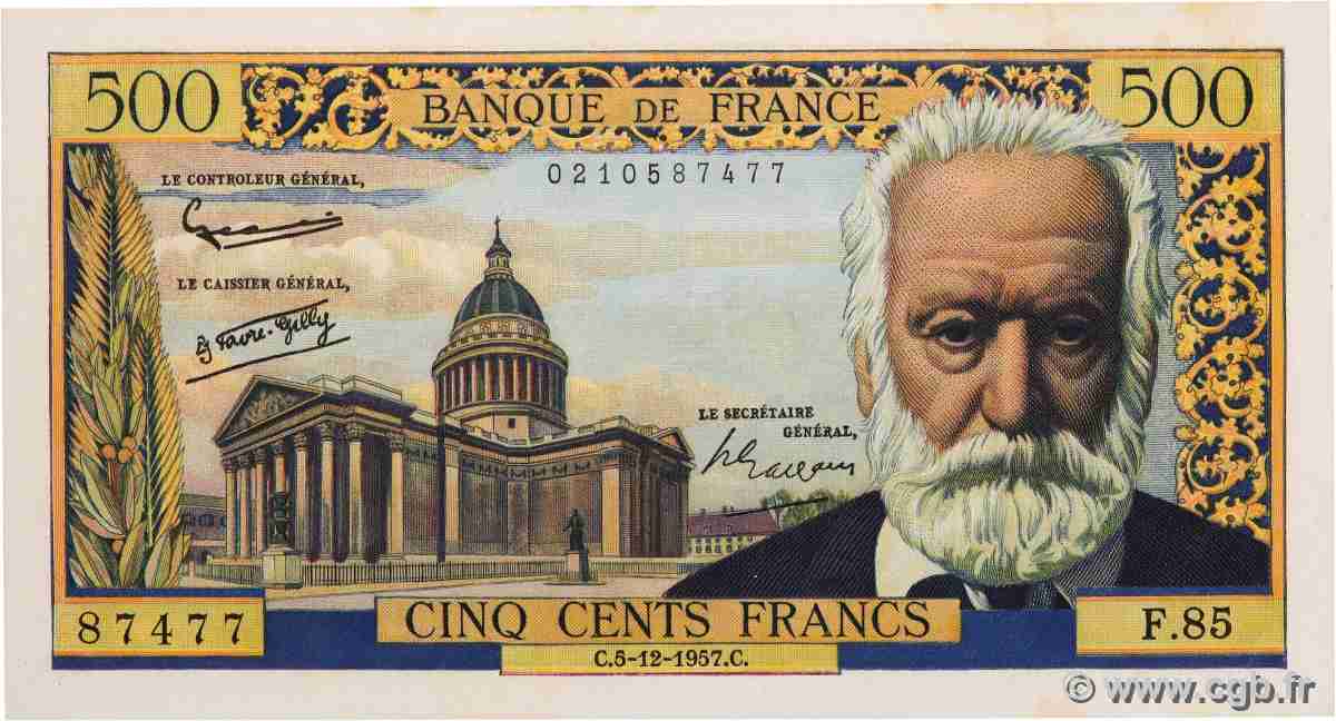 500 Francs VICTOR HUGO FRANCE 1957 F.35.07 UNC-