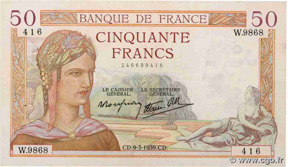50 Francs CÉRÈS modifié FRANKREICH 1939 F.18.23 fVZ
