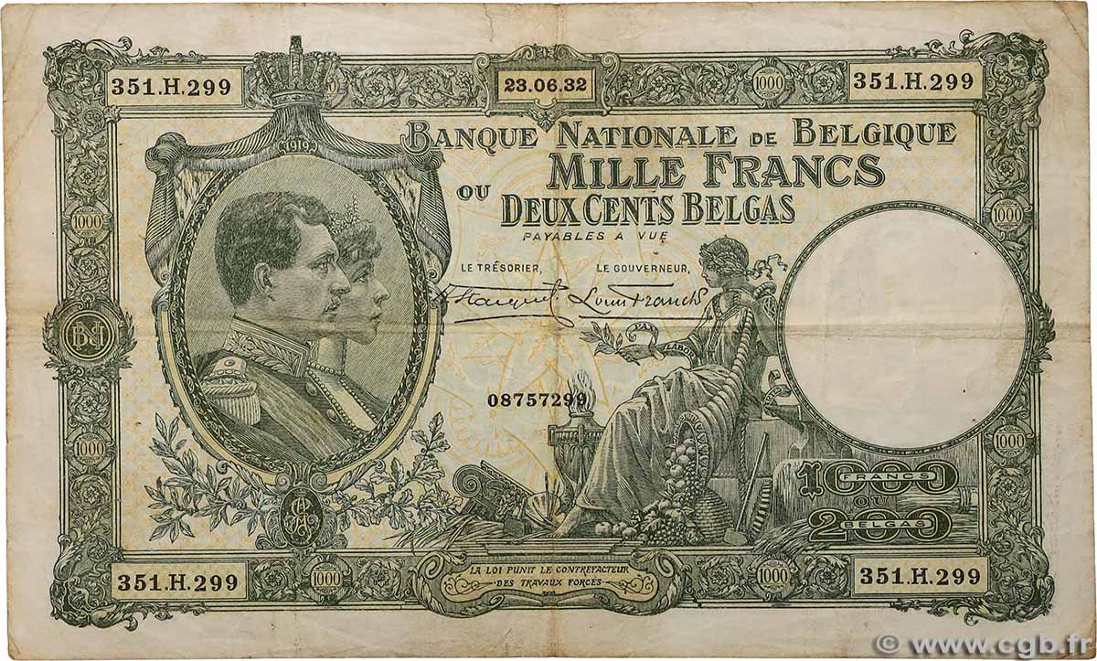 1000 Francs - 200 Belgas BELGIEN 1932 P.104 fSS