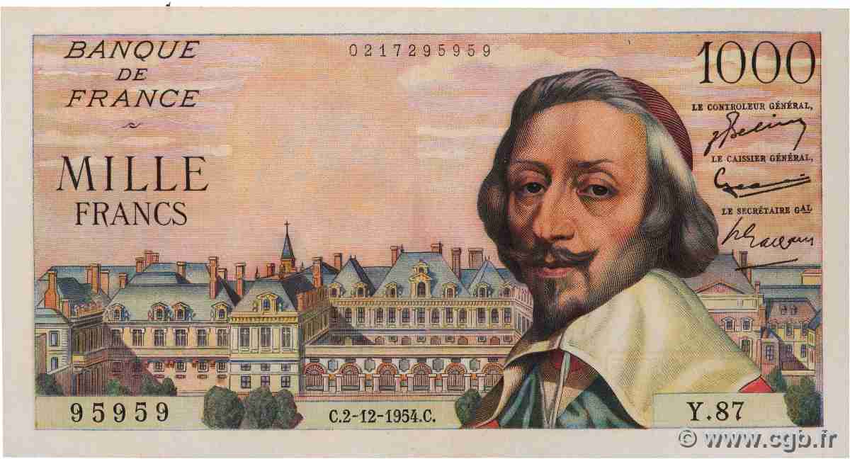 1000 Francs RICHELIEU Numéro radar FRANCE 1954 F.42.09 XF+