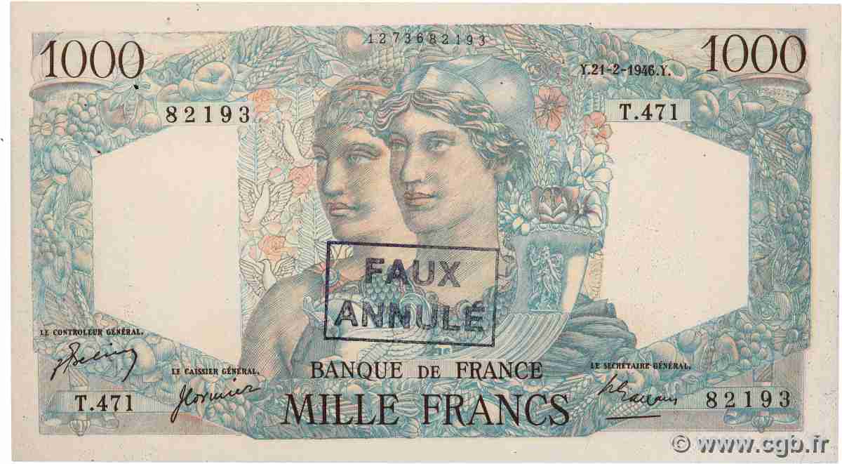 1000 Francs MINERVE ET HERCULE Faux FRANCE 1946 F.41.11x AU-
