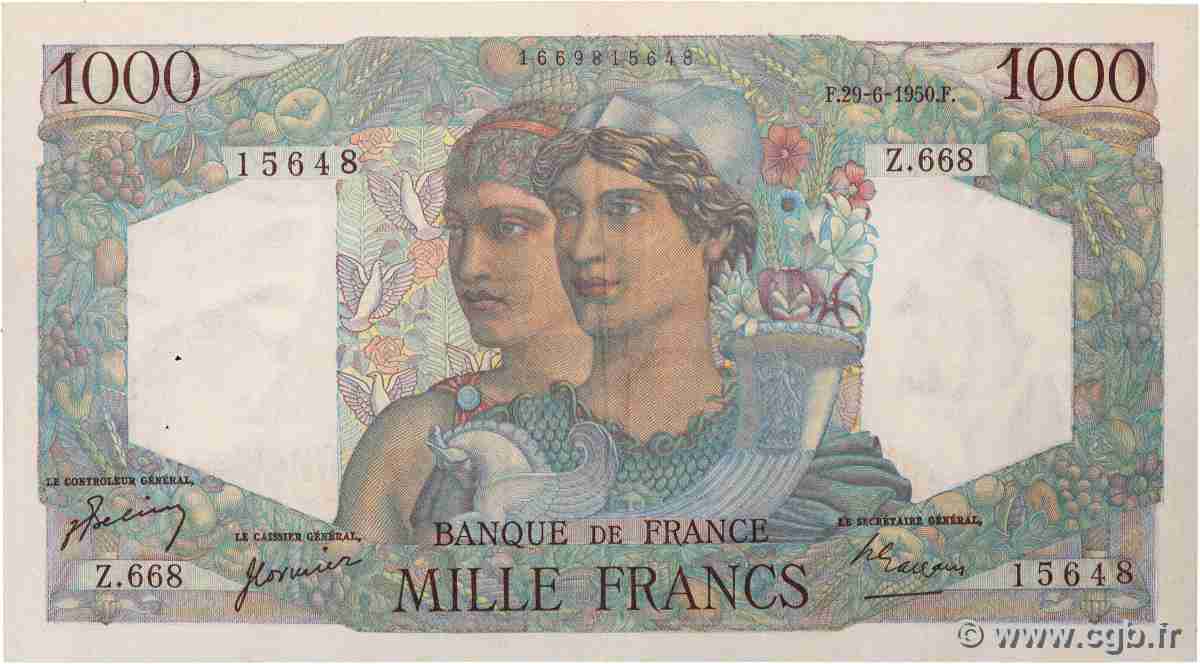1000 Francs MINERVE ET HERCULE FRANKREICH 1950 F.41.33 SS