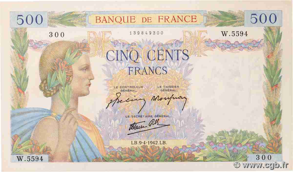 500 Francs LA PAIX FRANCE 1942 F.32.34 AU+