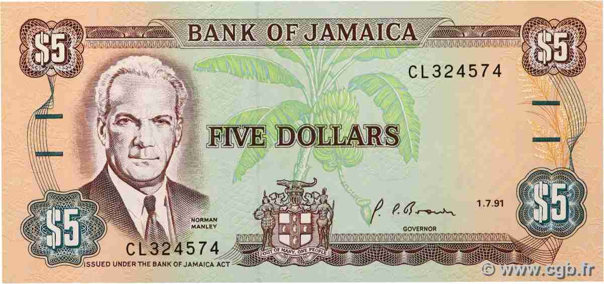 5 Dollars JAMAICA 1991 P.70d UNC
