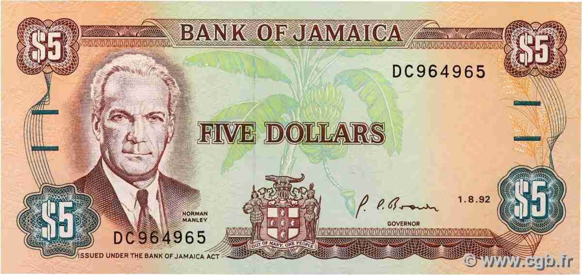 5 Dollars JAMAICA 1992 P.70d UNC