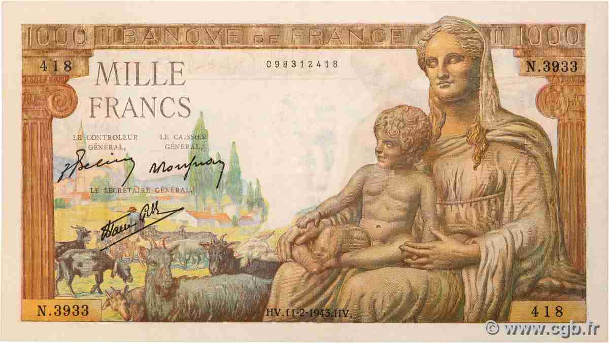 1000 Francs DÉESSE DÉMÉTER FRANKREICH 1943 F.40.18 VZ